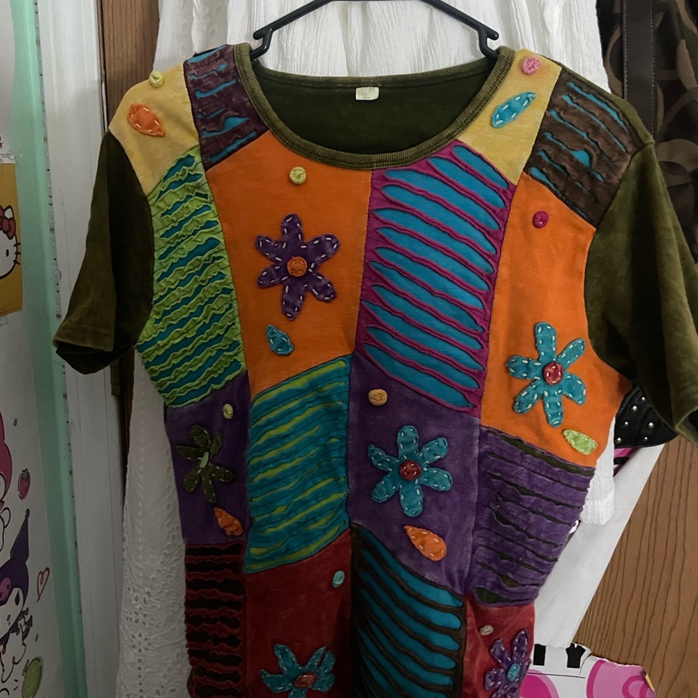 Colorblock Embroidered Flower Patchwork Top